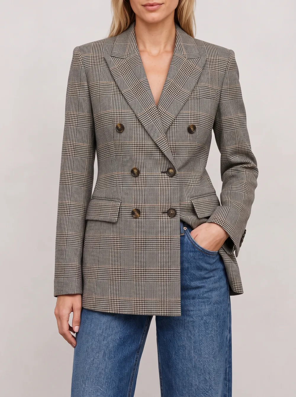 Women's Classic Plaid Pattern Double-Breasted Printed Blazer