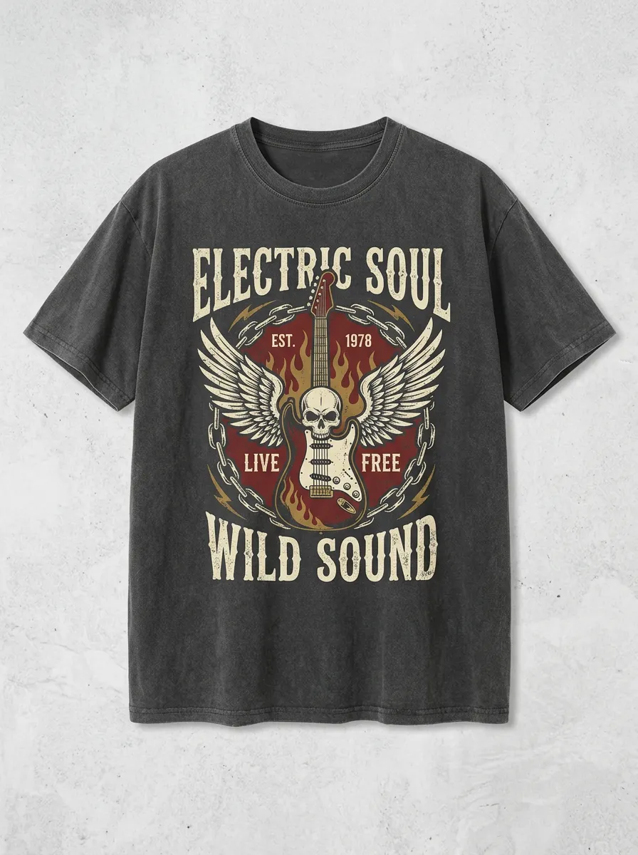 Men's Rock Music Lover Skull Guitar Wings Printed T-shirt