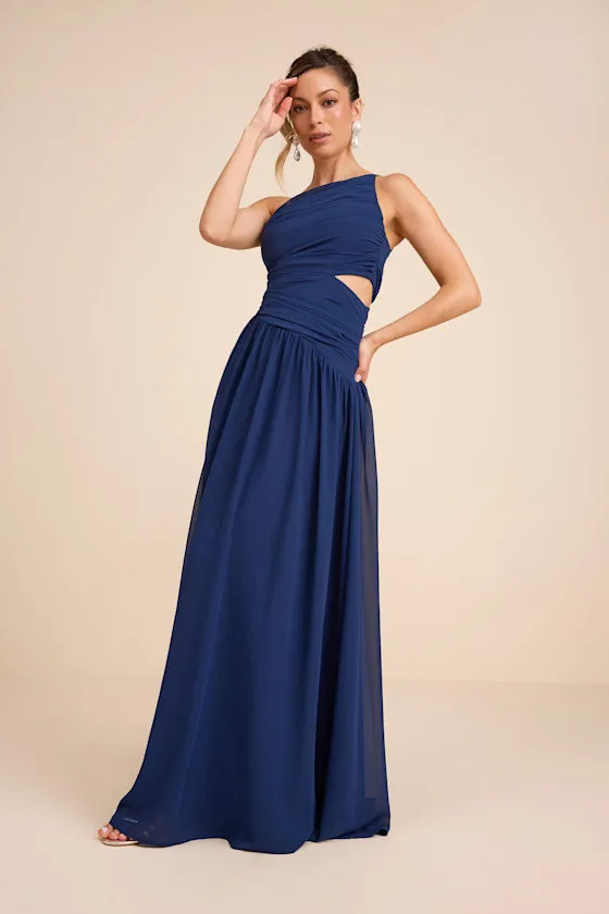 Marcela Navy Blue Ruched One-Shoulder Maxi Dress