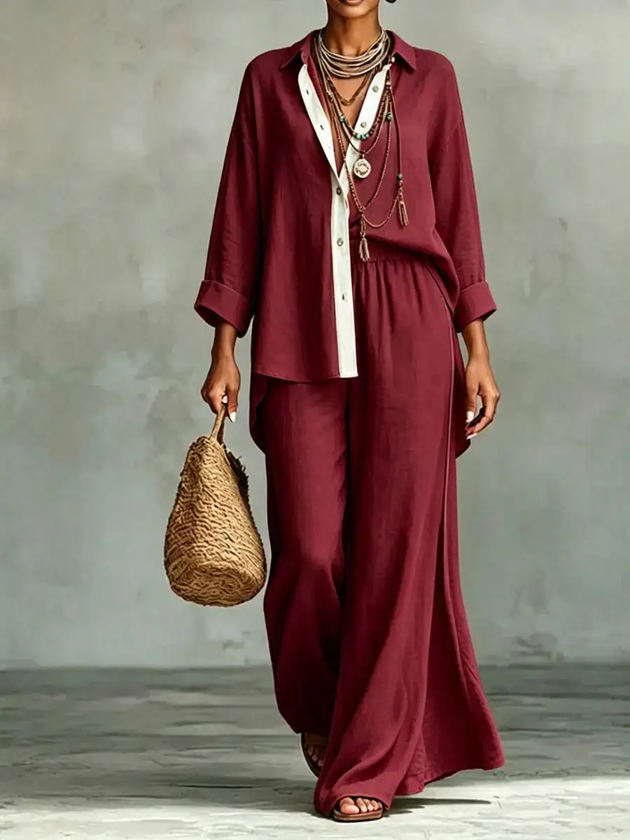 Long Sleeve Relaxed Blouse And Pants Set