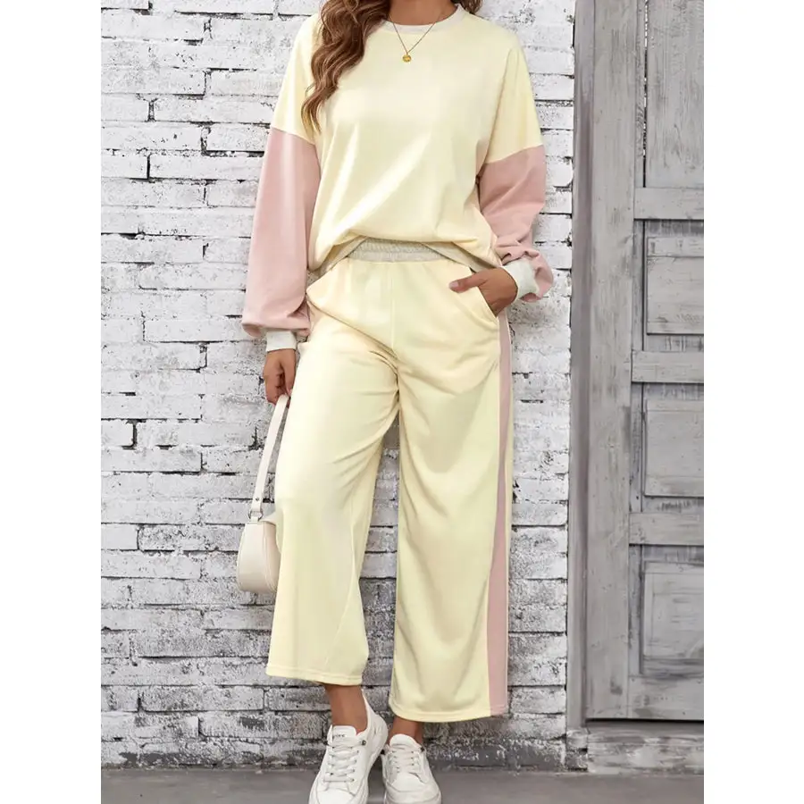 Block Round Neck Top and Pants Set