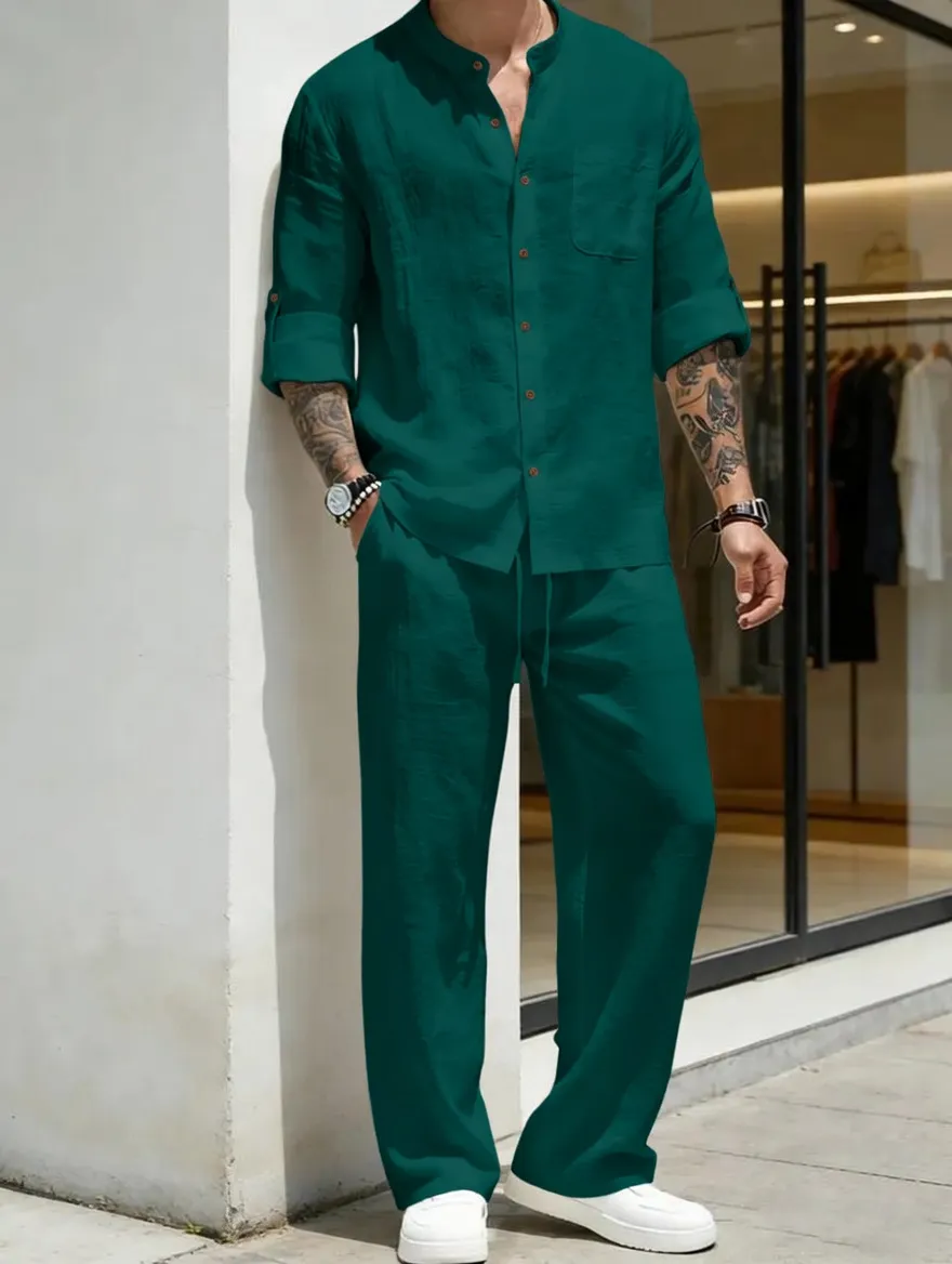 Men's Linen Stand Collar Long Sleeve Casual Suit