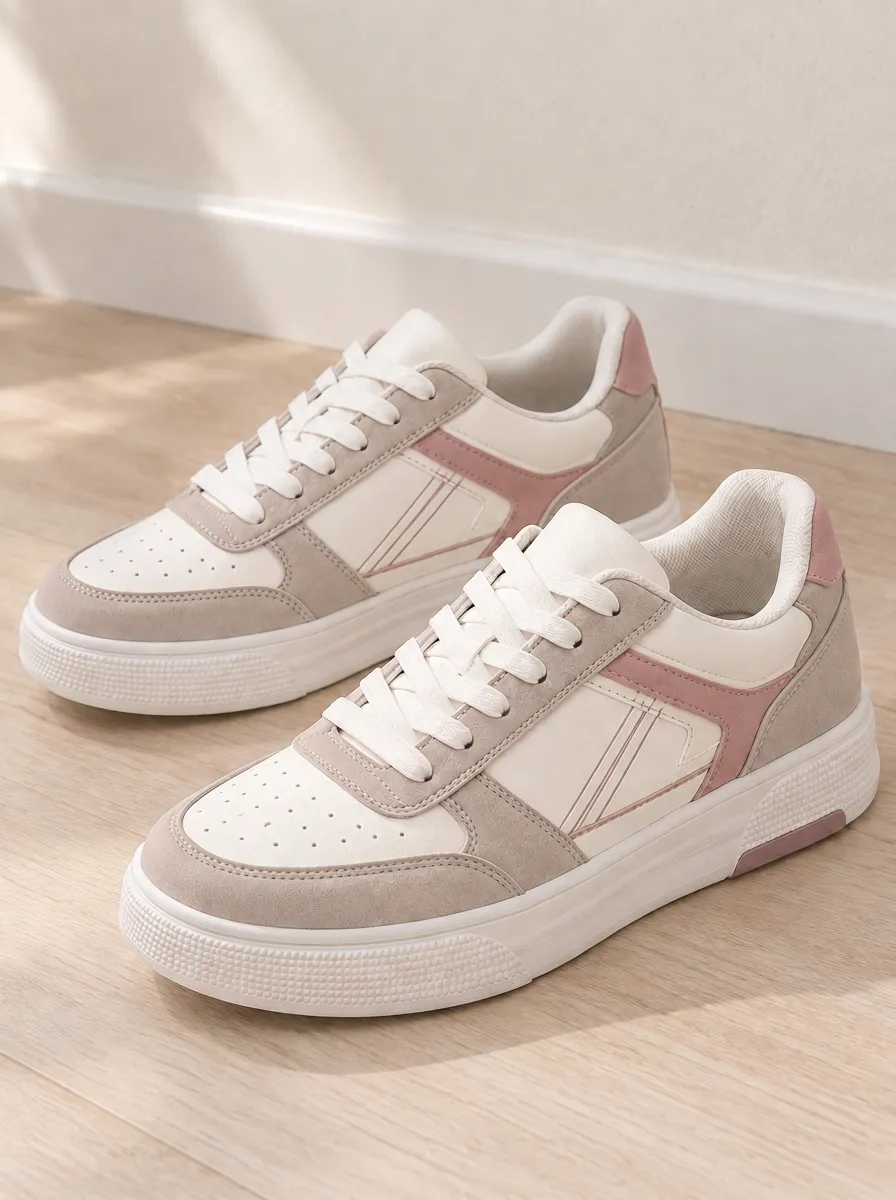 Women's Casual Pink and Beige Colorblock Lace-up Sneakers