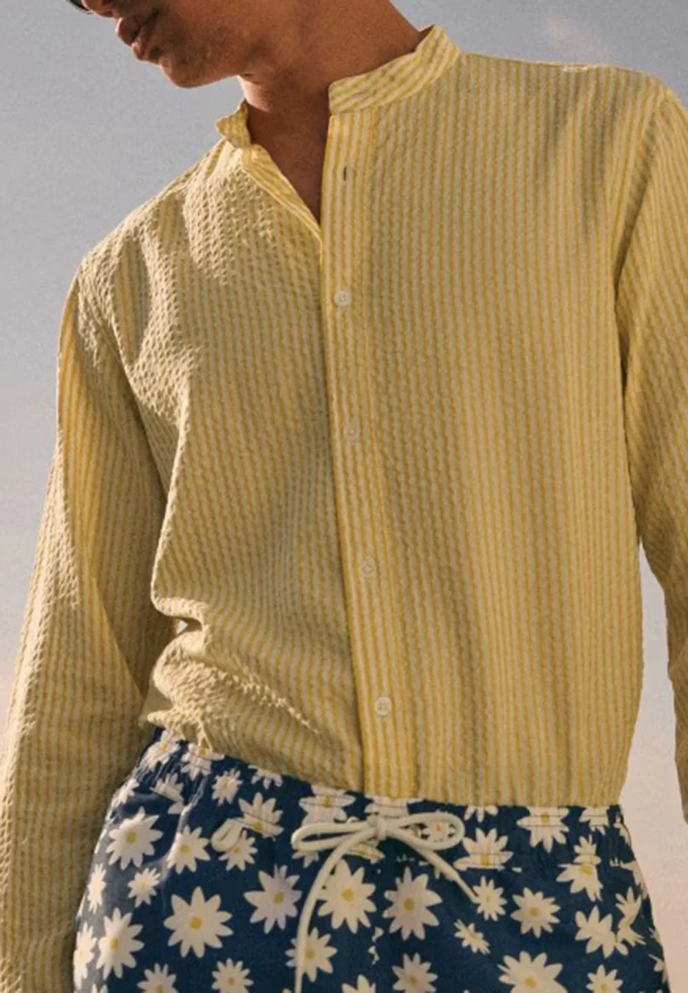 Yellow White Stripe Seersucker Button-Down Camp Shirt