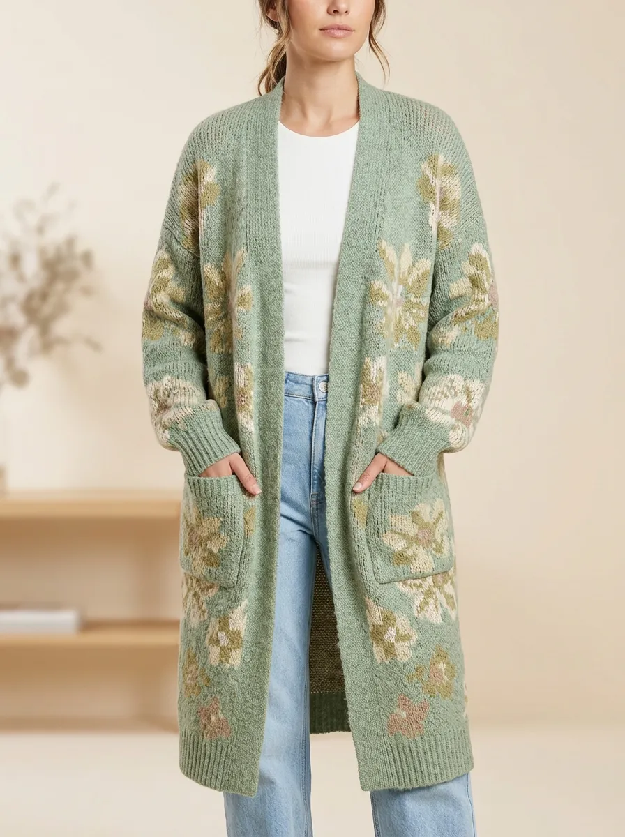 Women's Floral Pattern Knit Open- Design No Closures Long Cardigan