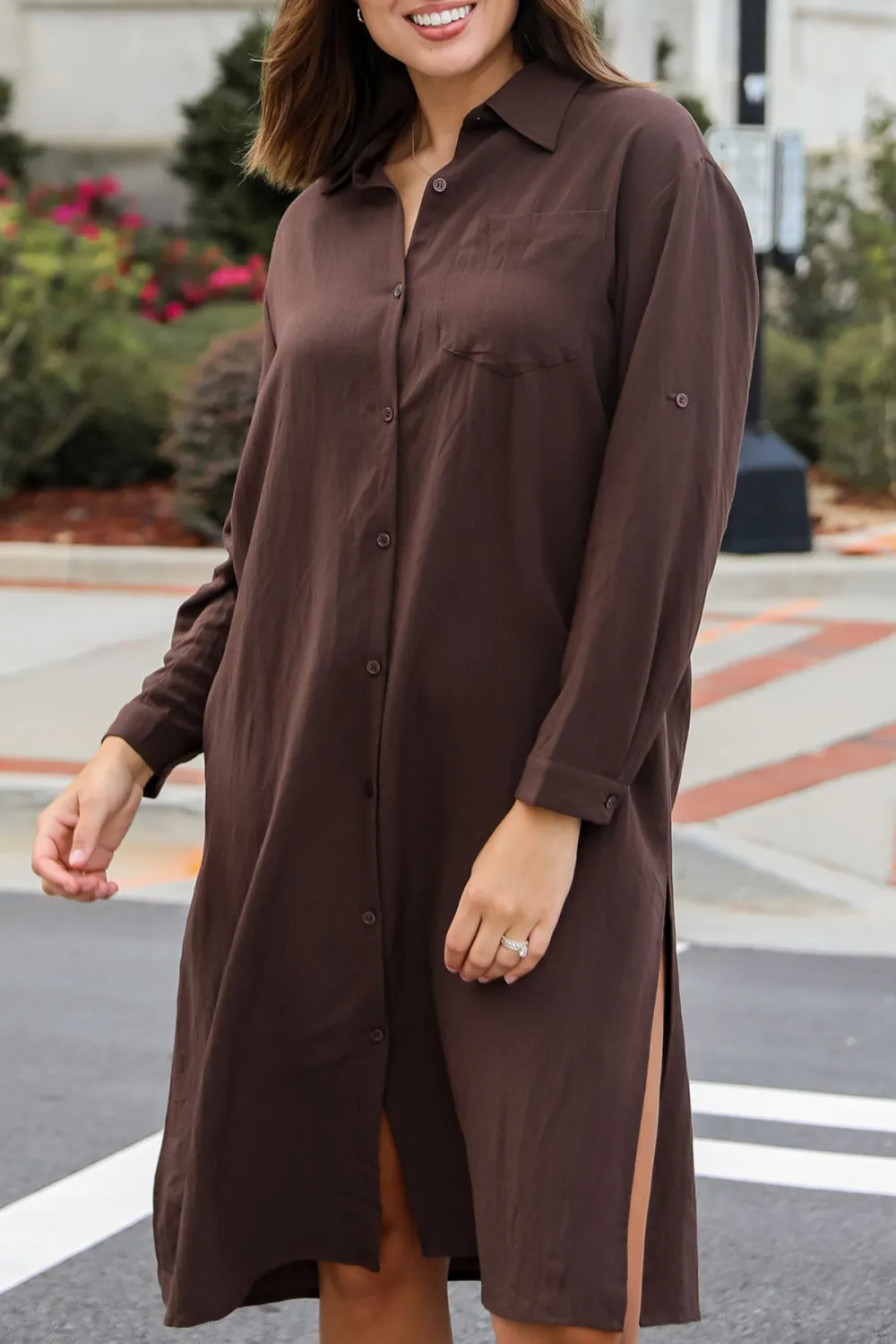 Brown Button Front Midi Dress