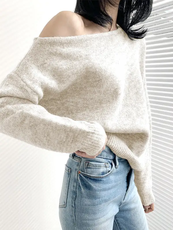 Casual Off Shoulder Long Sleeve Relaxed Fit Sweater