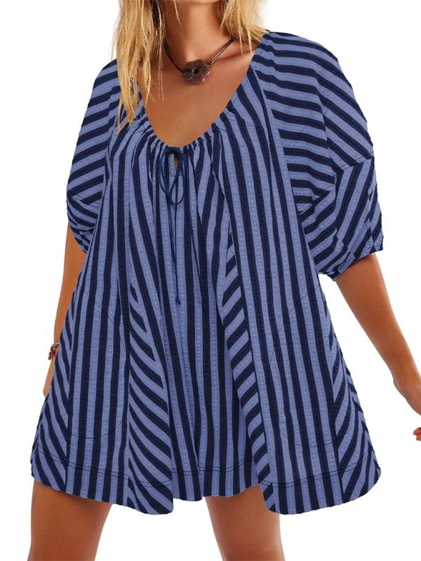 Short Sleeved Striped Jumpsuit Slim Loose Shorts