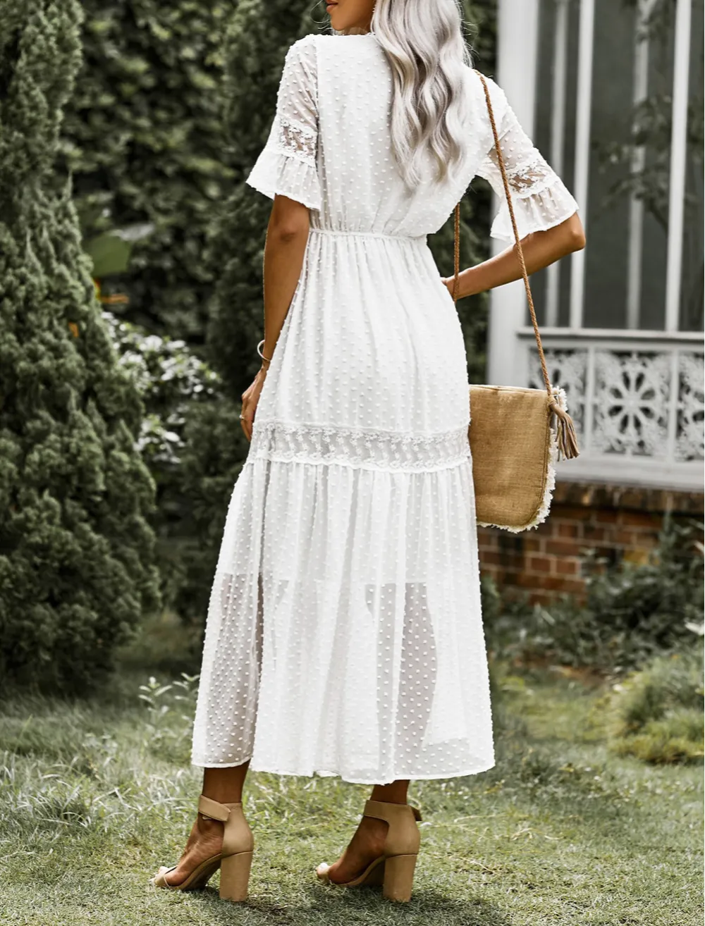 Swiss Dot Lace Trim Maxi Dress