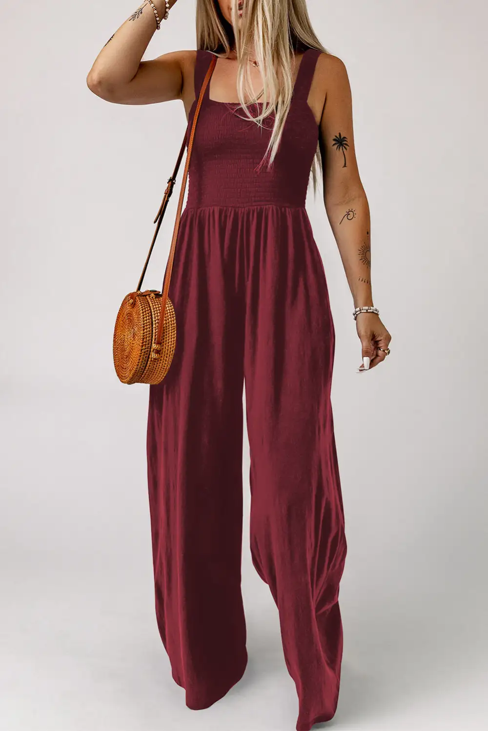 Smocked Square Neck Wide Leg Jumpsuit