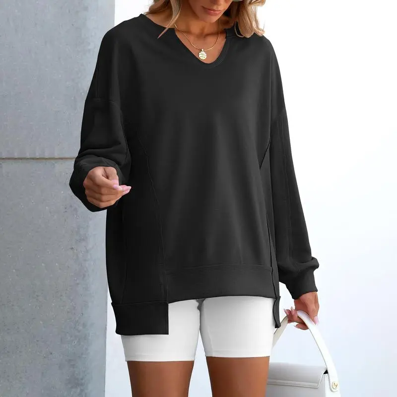 Women's Oversized Sweatshirt V Neck Long Sleeve Tunic Lightweight Pullover