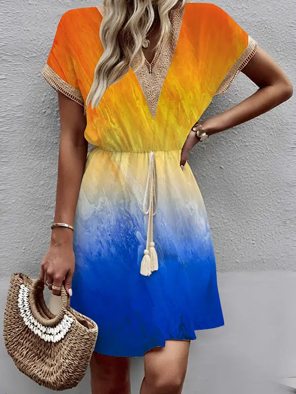 A Line Relaxed Elasticity Gradient Hollow Split Joint Tasseled Tied Waist