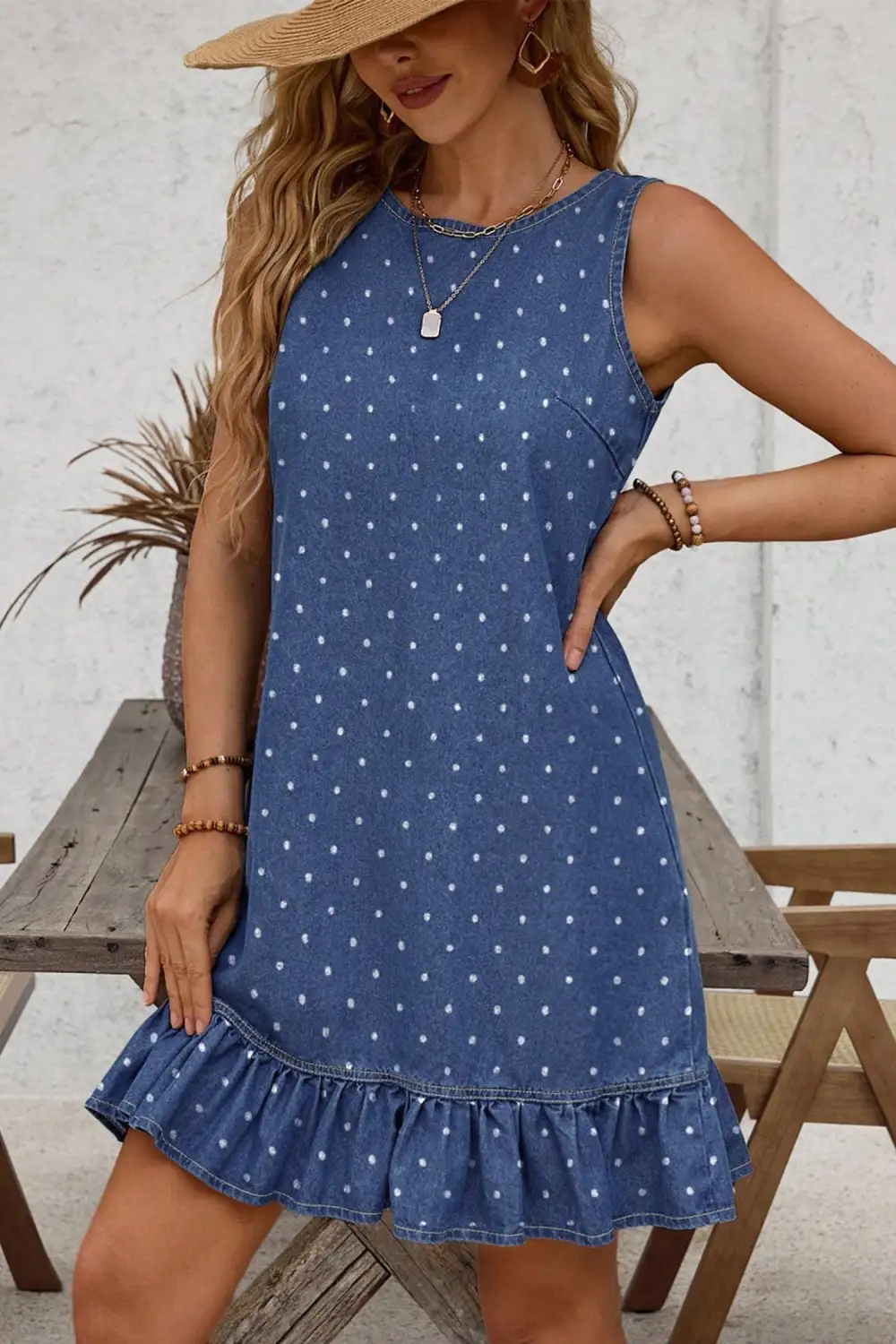Polka Dot Ruffle Hem Sleeveless Shift Dress Mini Vacation