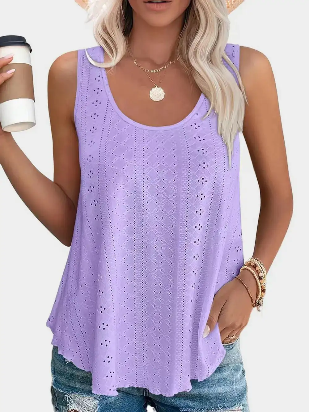 Eyelet Round Neck Tank With Sheer Detail