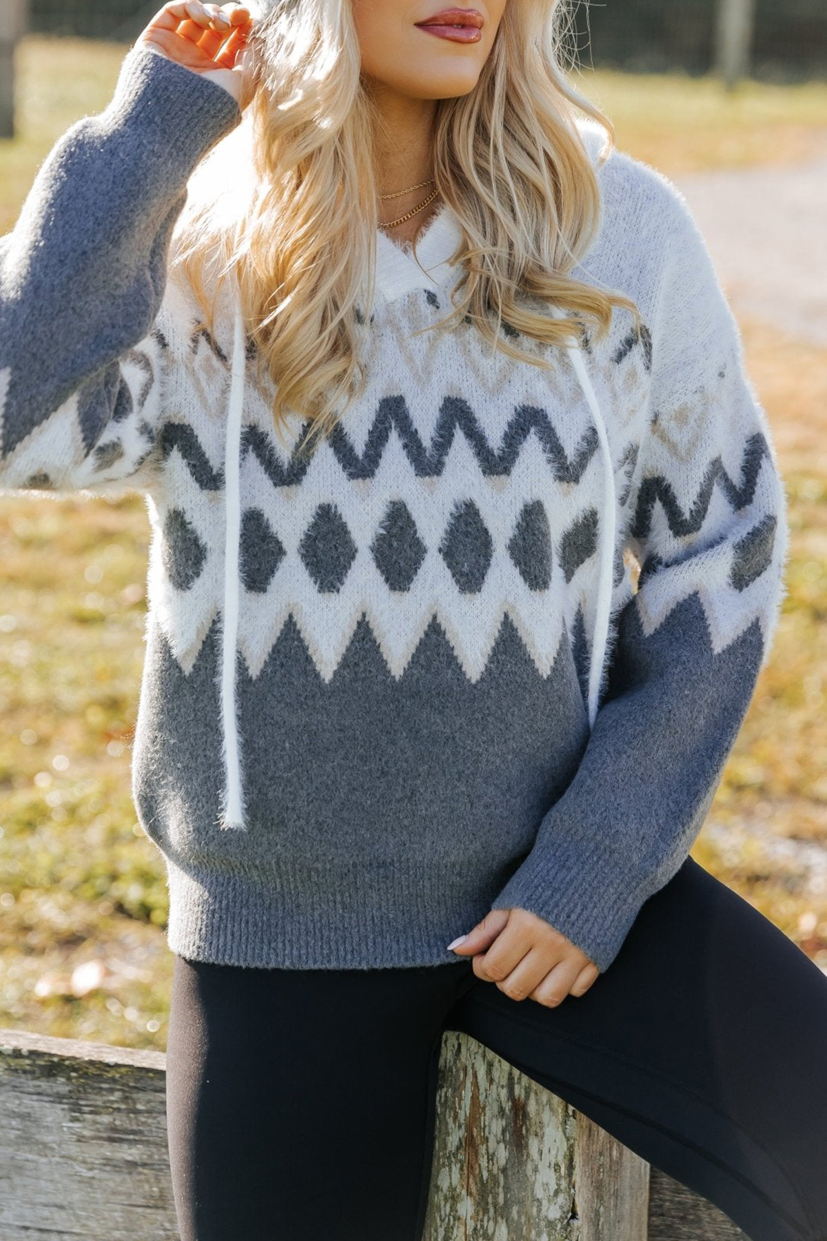 Fuzzy Grey Nordic Print Hooded Sweater
