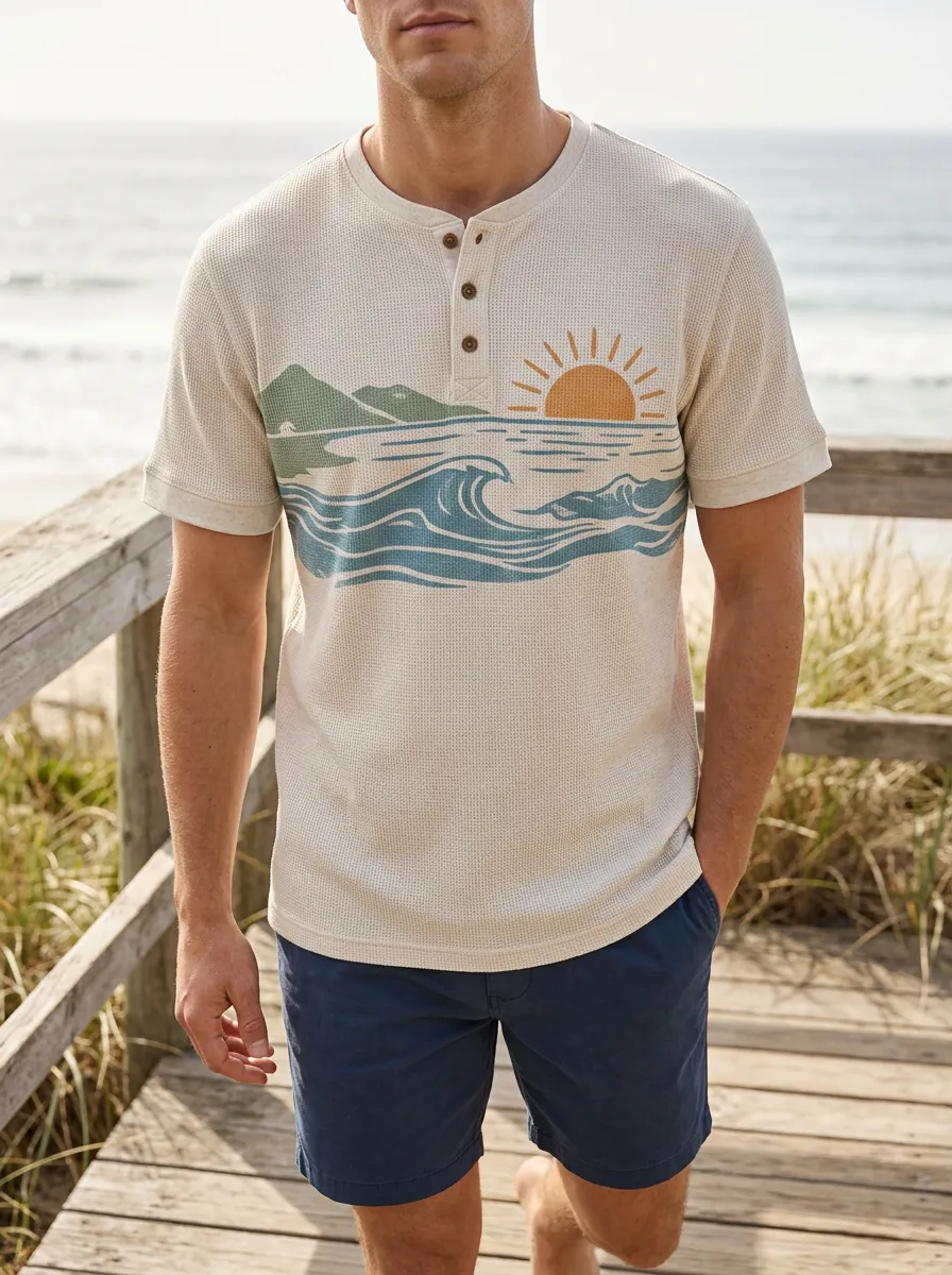 Men's Artful Beach Lover Ocean Wave Sunset Henley T-Shirt