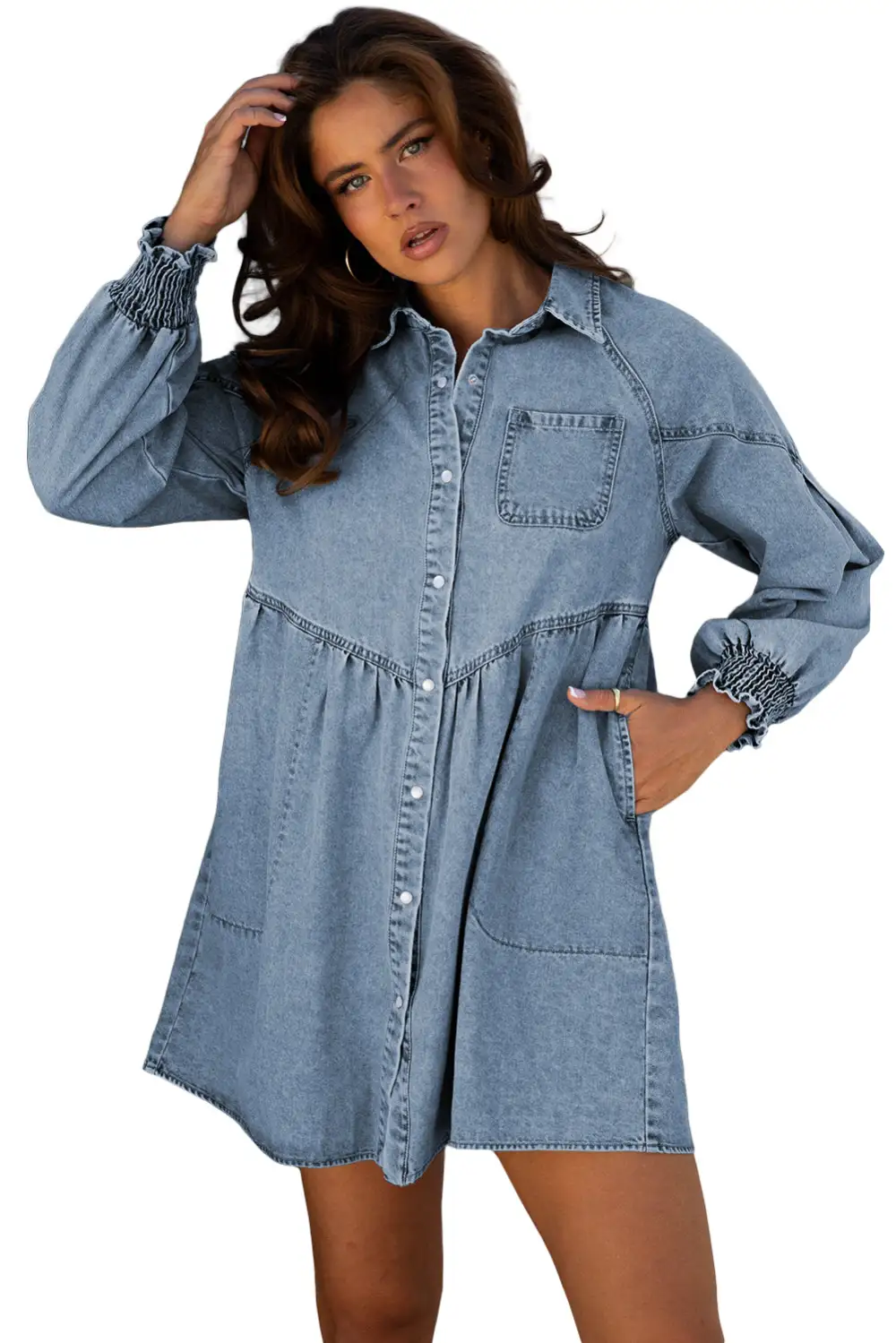 Denim Smocked Flared Mini Dress