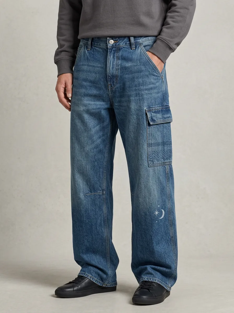 Wide Leg Celestial Graphic Star Graphic Moon Graphic Men's Loose Fit Jeans