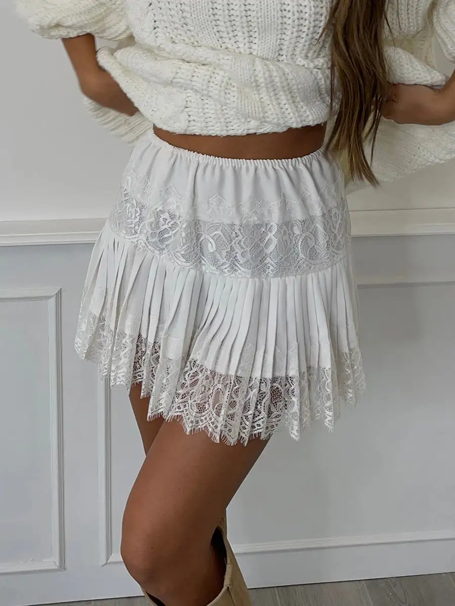Pleated A-Line Lace-Trim Skirt