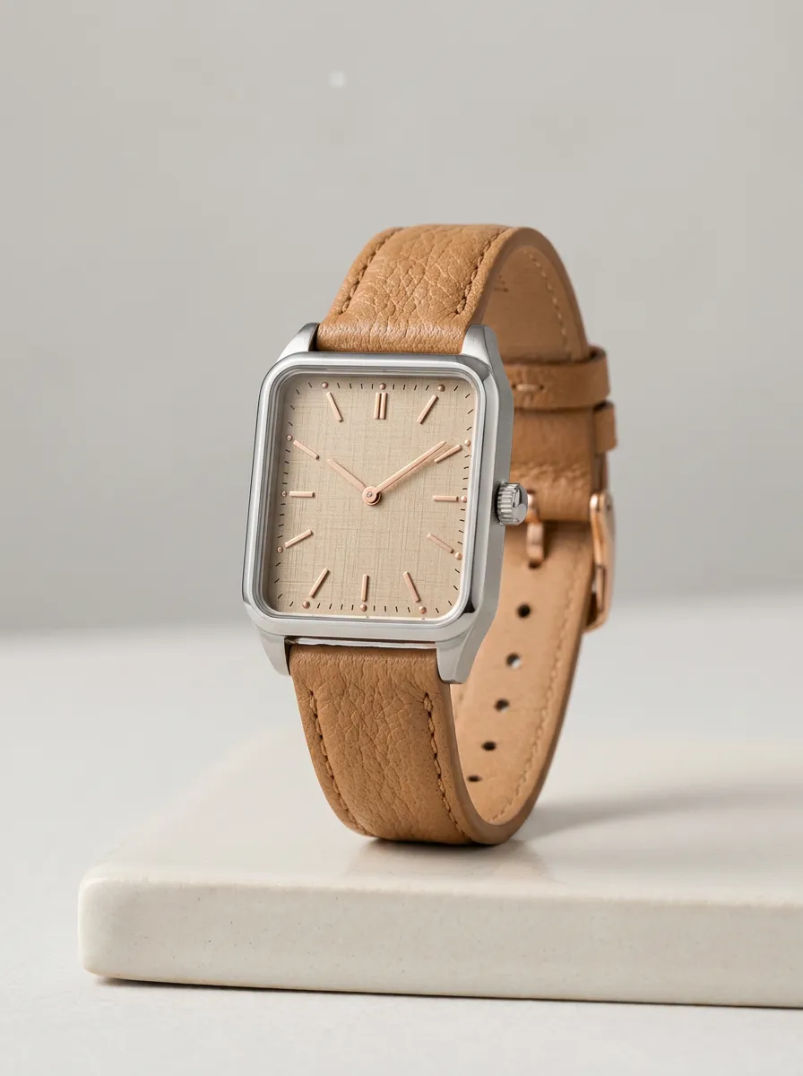 Tan Leather Strap Rectangular Watch