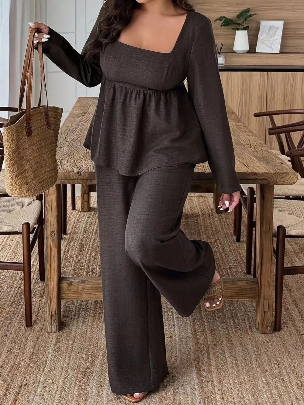 Plus Size Square Neck Long Sleeve Top and Pants Two Piece Set