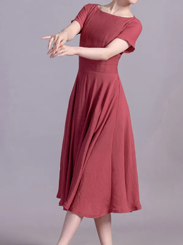 Polished Linen Cotton Fit And Flare Short Sleeve Midi Dress