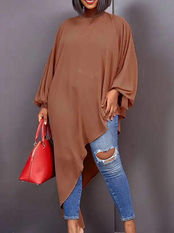 Relaxed Sheer Long Sleeve Asymmetric High Neck T-Shirt