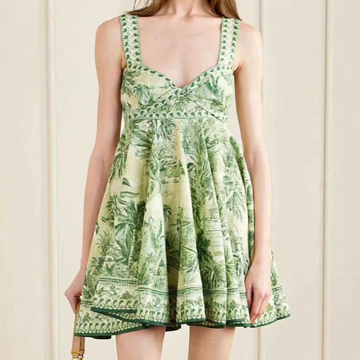 Bohemian Palm Print Flared Mini Dress