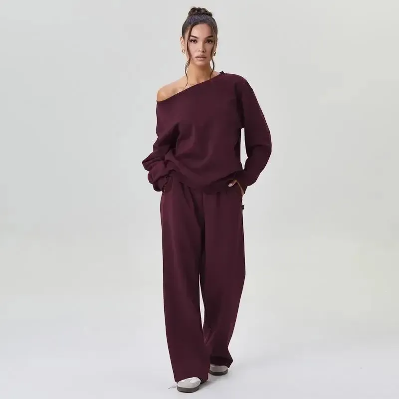 🔥Last Day 89% OFF🔥Women's Leisure Solid Color Sloping Shoulder Long Sleeve Top & Wide Leg Trousers Co-ord