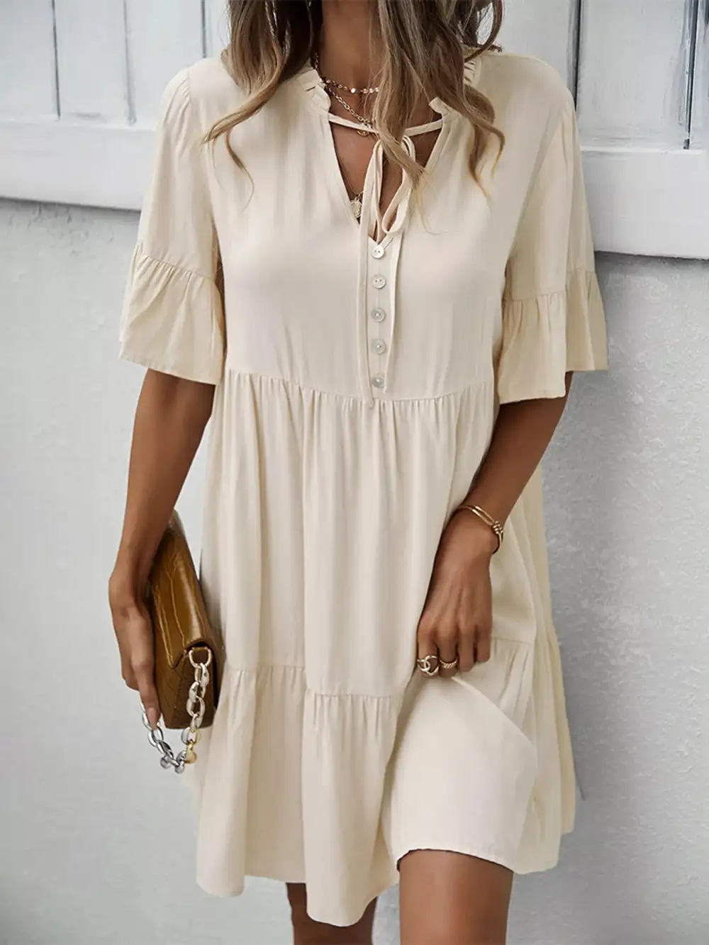 Boho Ruffle Sleeve Button Down Tiered Mini Dress
