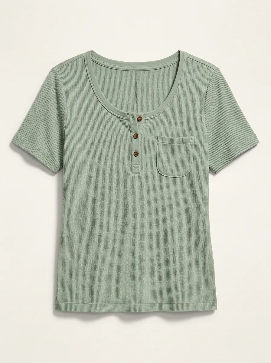 Women's Sage Green Waffle Knit Button Front Pocket Henley Top