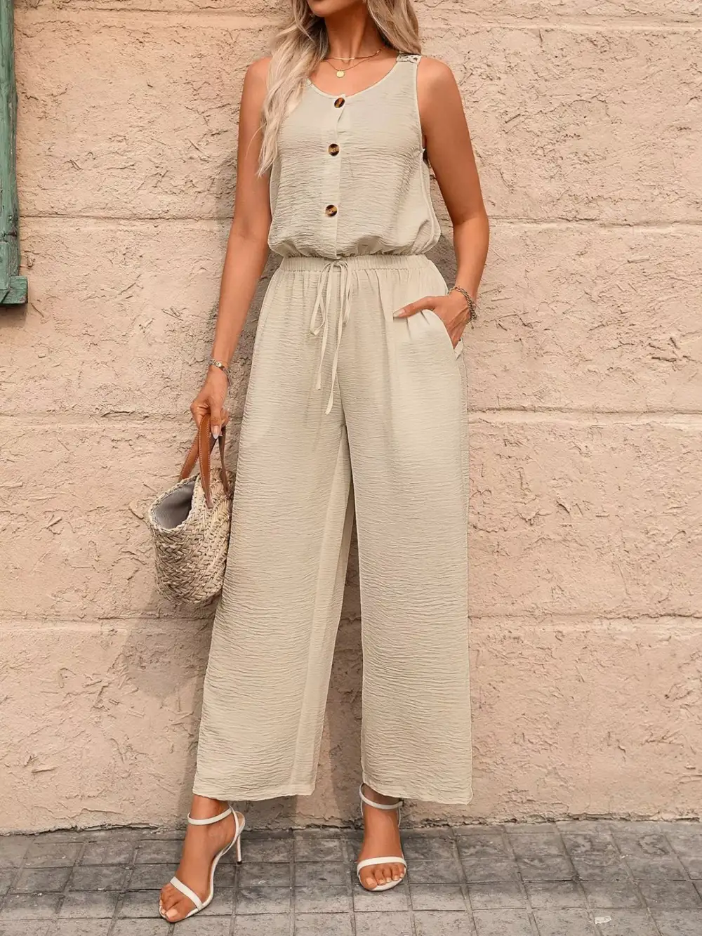Sleeveless Button Front Wide Leg Jumpsuit