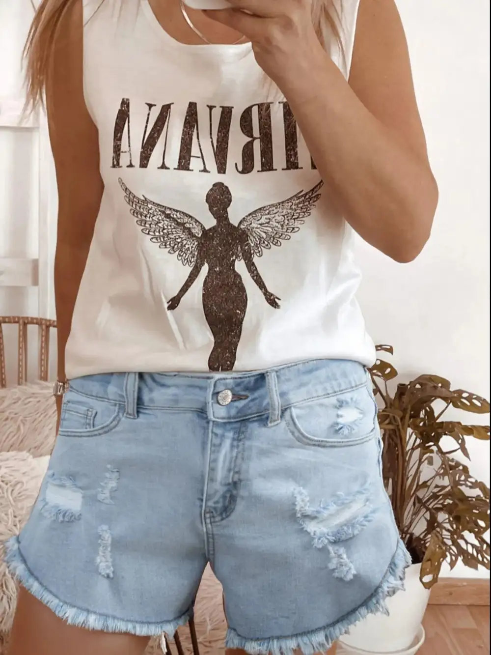 High-Rise Distressed Raw Hem Denim Shorts