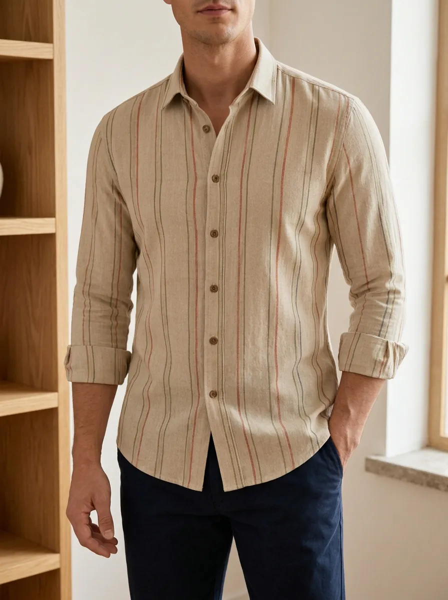 Men's Refined Vertical Stripe Long Sleeve Slim Fit Shirt