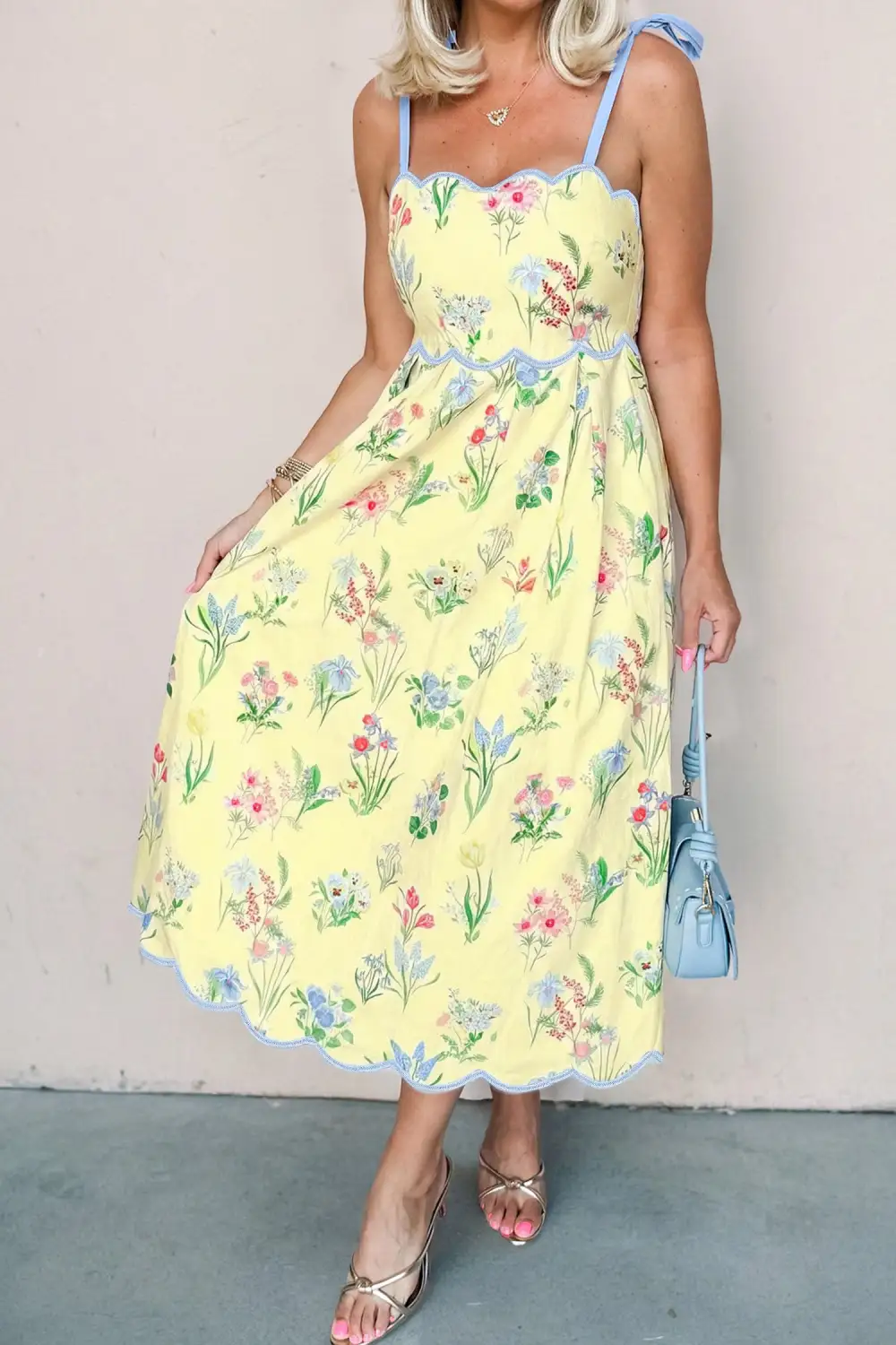 Floral Print Contrast Trim Self-Tie Straps High Waist Midi Dress