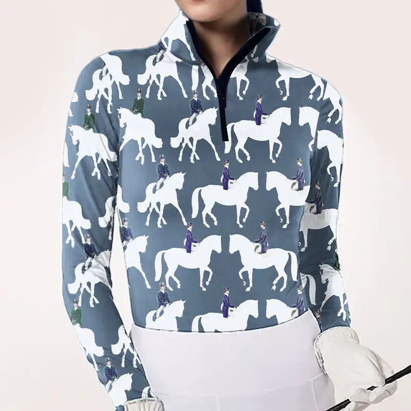 Women's Horse Rider Print Long Sleeve Riding Style Casual Shirt