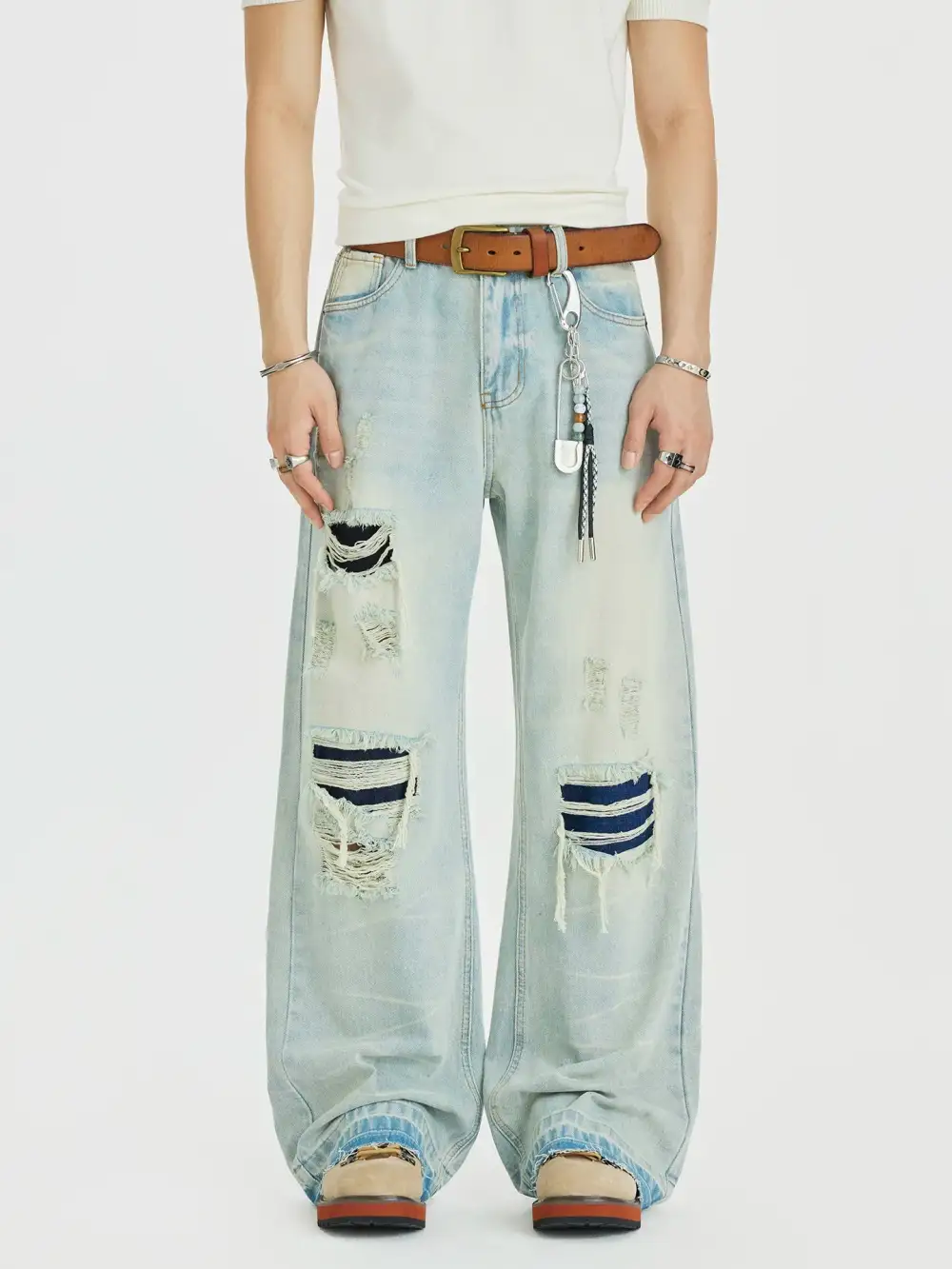 Wide-Leg Ripped Patchwork Jeans