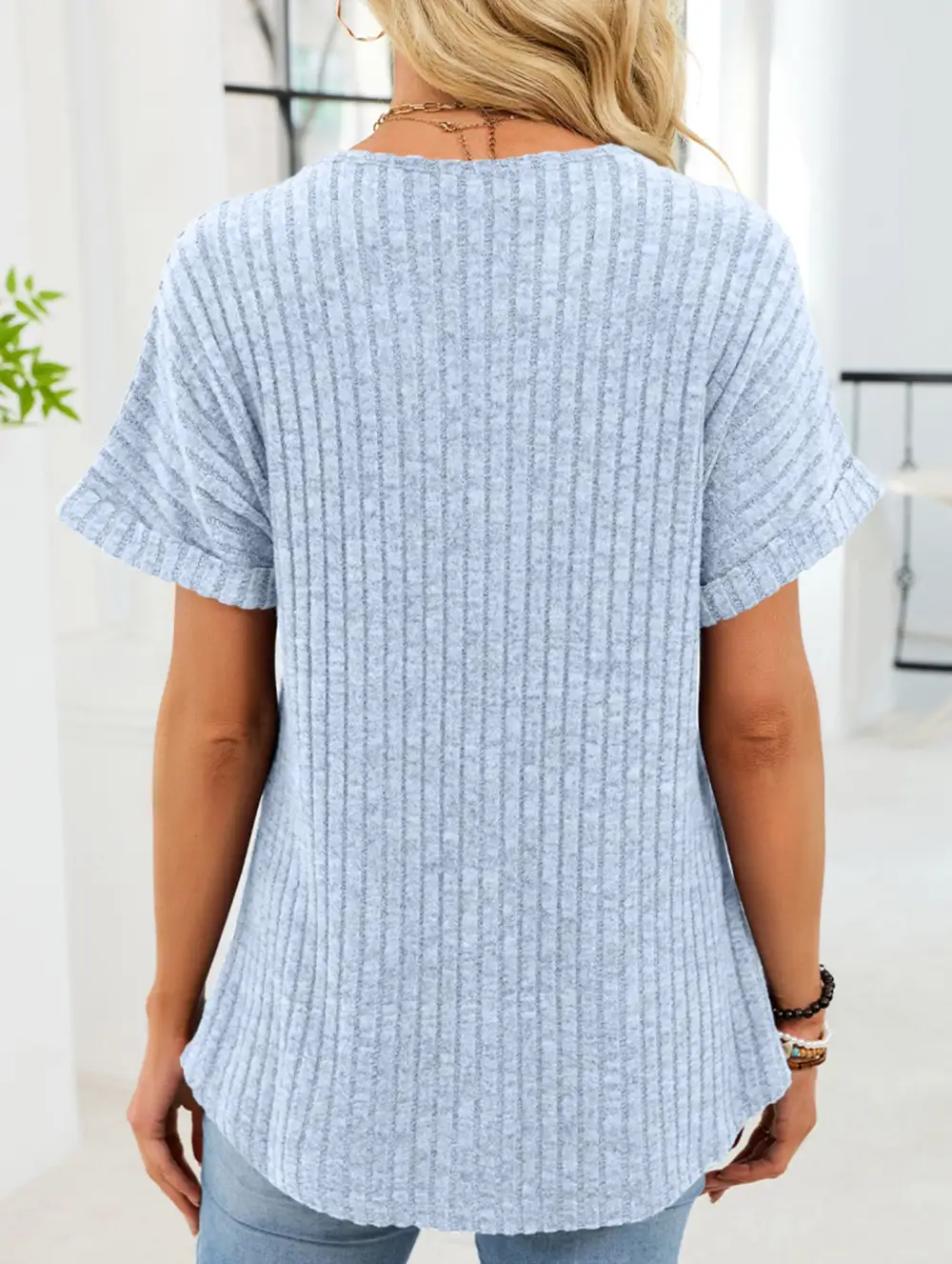 V Neck Button Front Loose Ribbed Tee