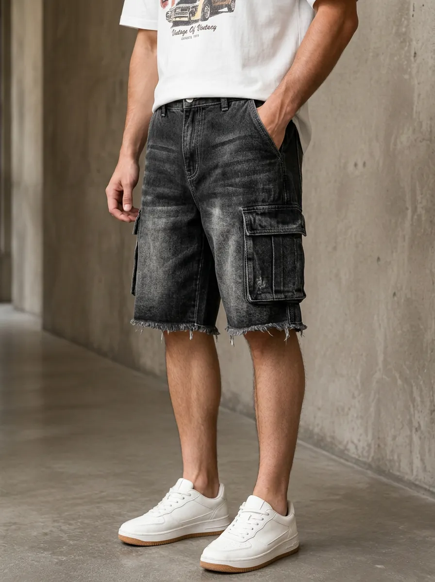 Men's Denim Button Flap Cargo Denim Shorts
