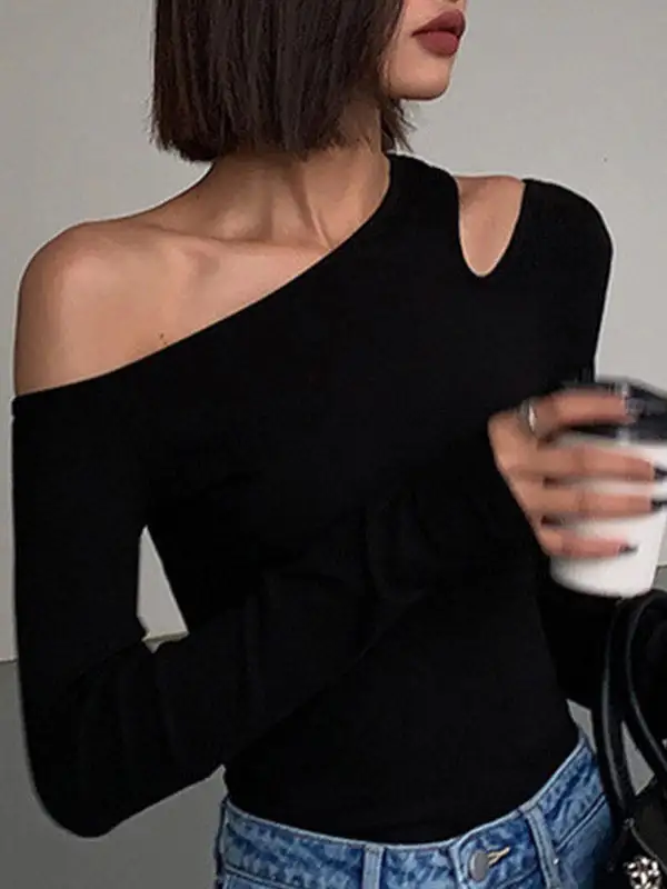 Long Sleeve Slim Fit Asymmetric Cutout Panel Detail One Shoulder T-Shirt