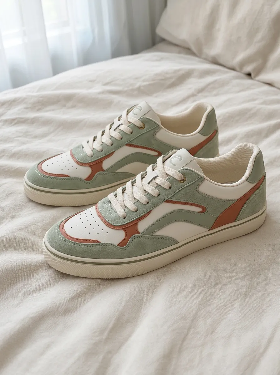 Women's Sage Green and Terracotta Colorblock Suede Printed Sneakers