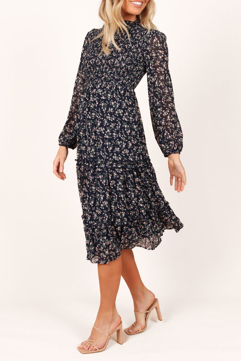 NAVY FLORAL SHIRRED FRILL LONG SLEEVE MIDI DRESS