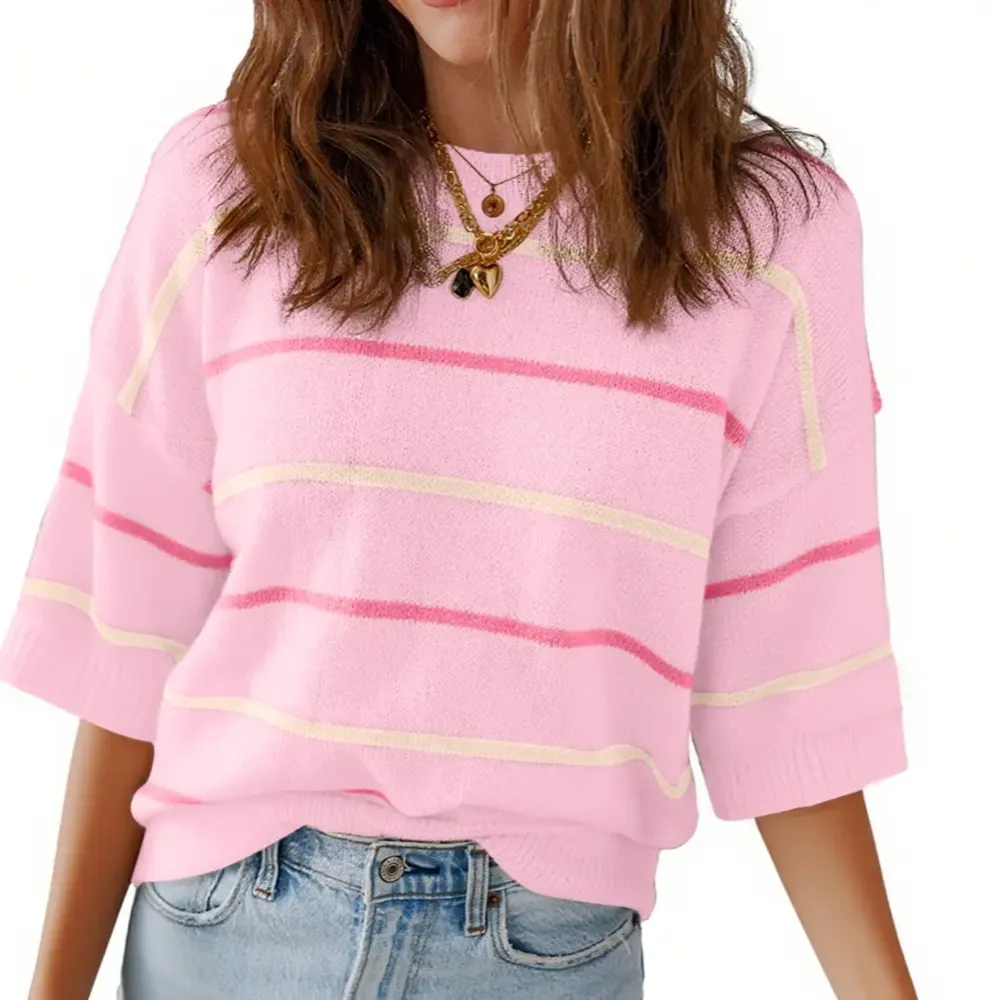 Women'S Short-Sleeved Striped Sweatshirt For Spring And Summer