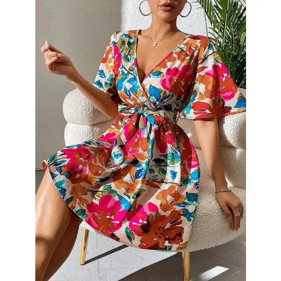 Printed Surplice Short Sleeve Mini Dress