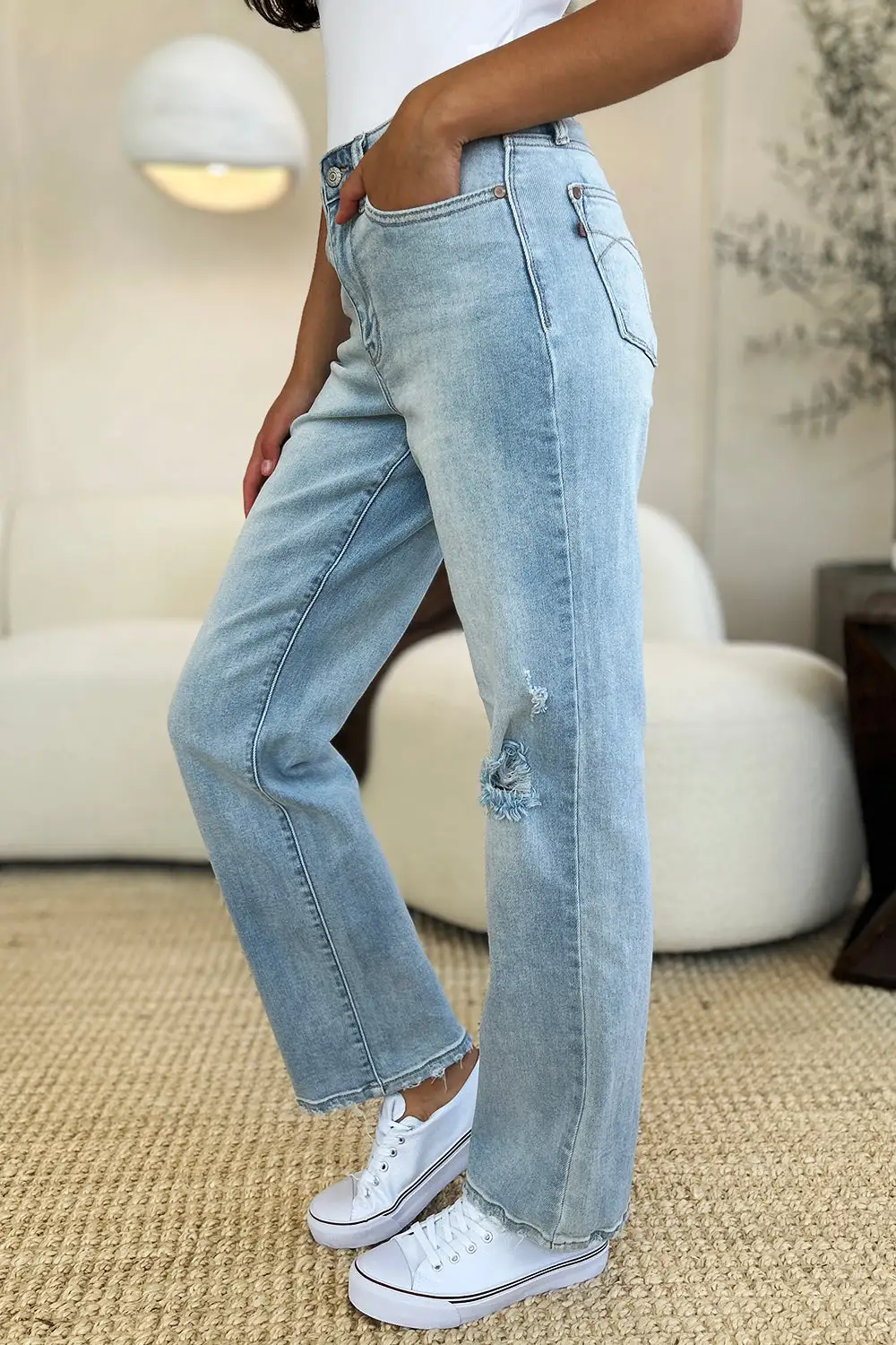Modern High Waist Straight Leg Distressed Denim Jeans