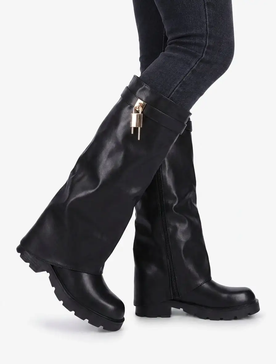 Textured Block Heel Fold-Over Faux Leather Knee High Boots