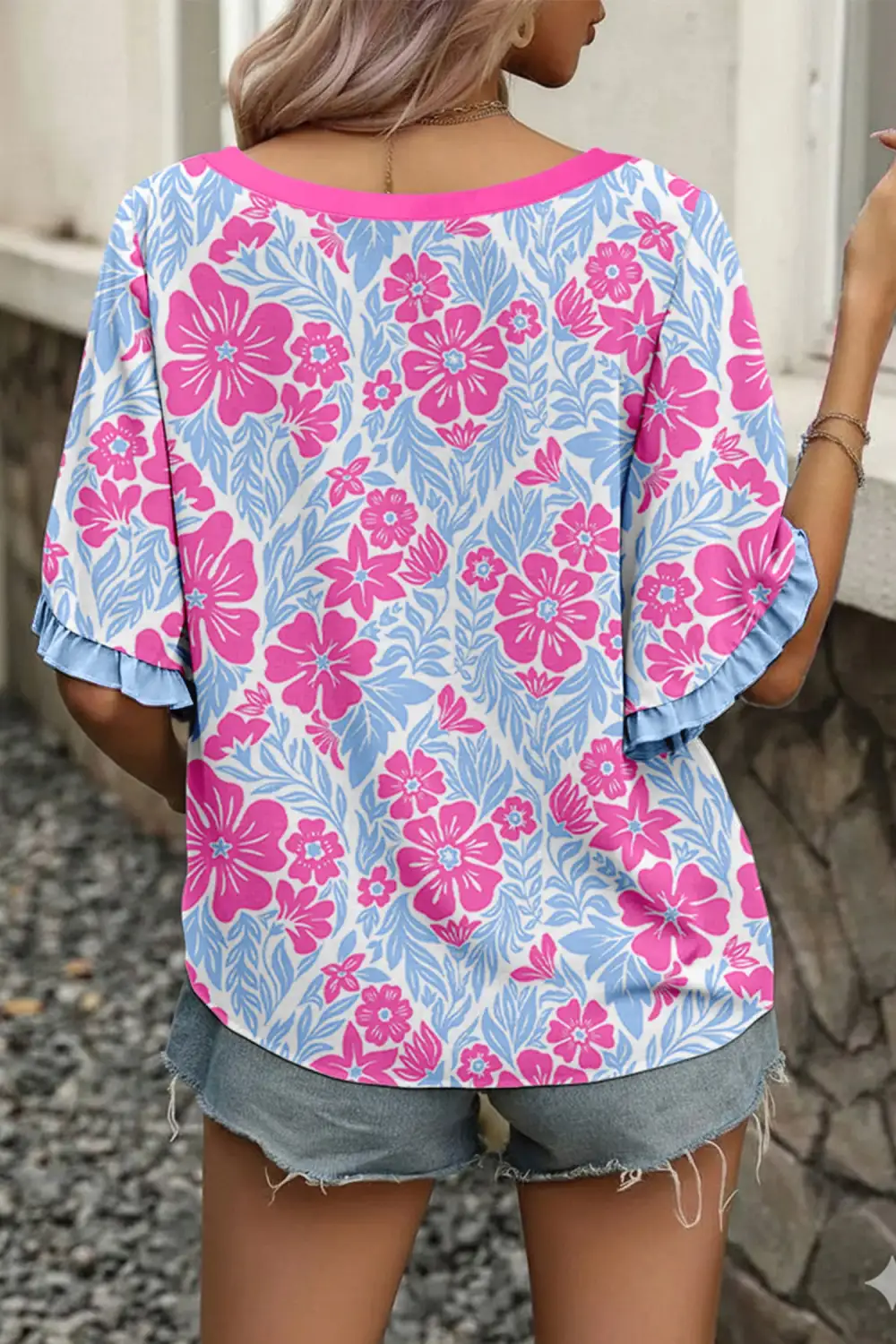 Floral Ruffle Trim Half Sleeve Blouse