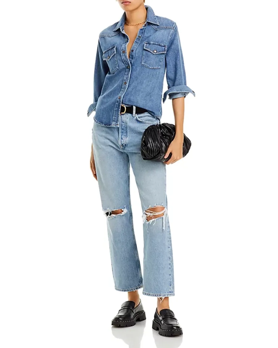 Ripped High Rise Straight Jeans in Threadbare