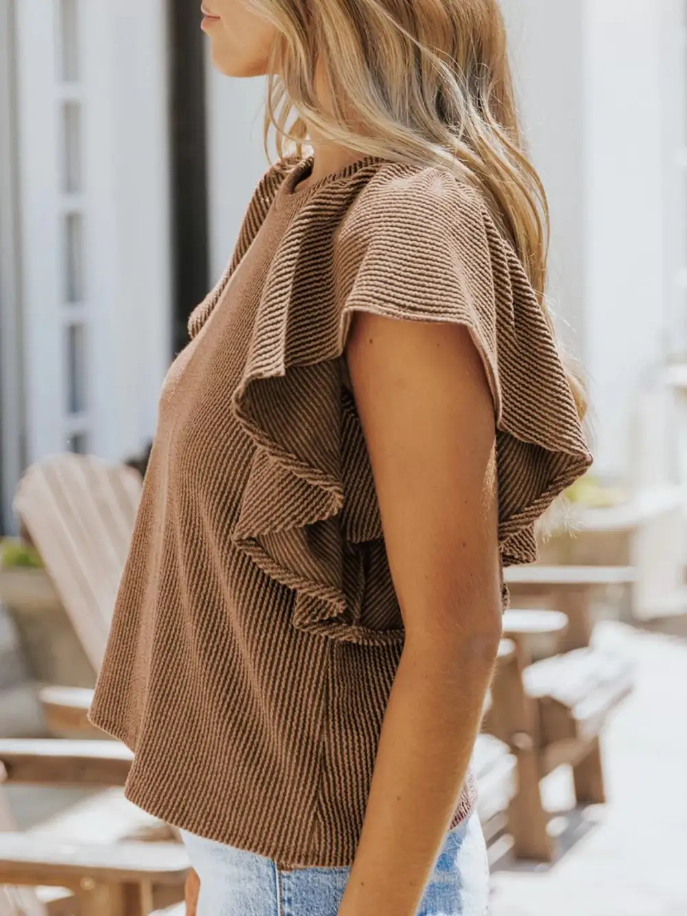 Ruffled Sleeve Ribbed Knit T Shirt Plus