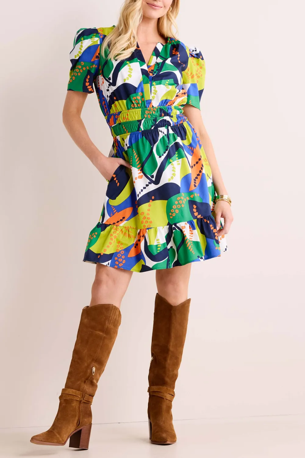 Multi Abstract Print V-Neck Short Sleeve Dress